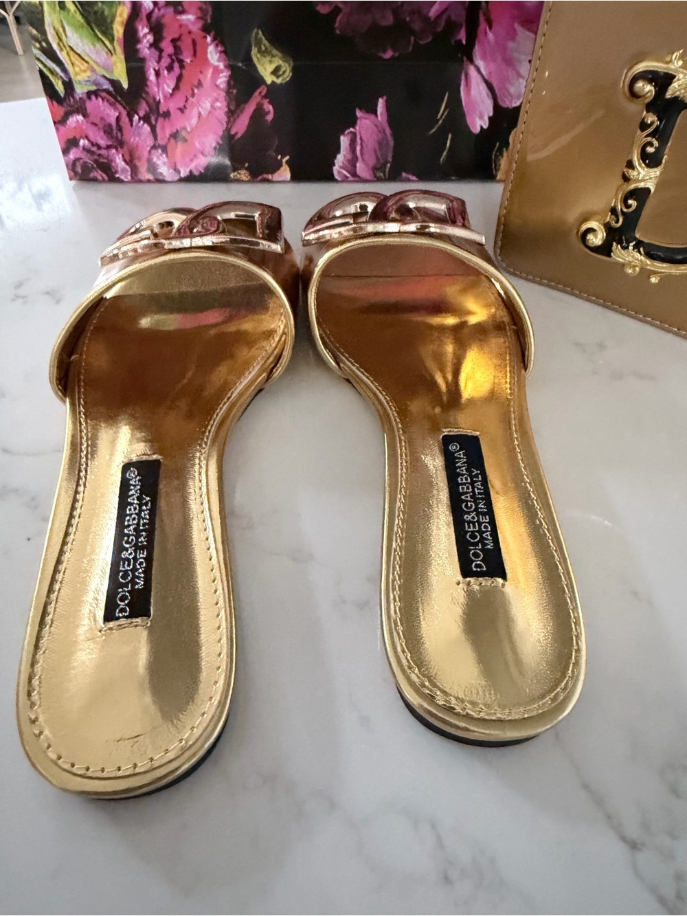 Metallic Gold Patent DG-Emblem Shoulder Bag with Matching Slides size 6 - Picture 6 of 16